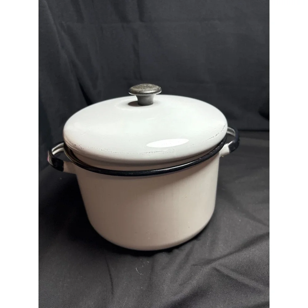 Vintage White Enamelware Stock Pot with Lid Black Trim Farmhouse Cookware